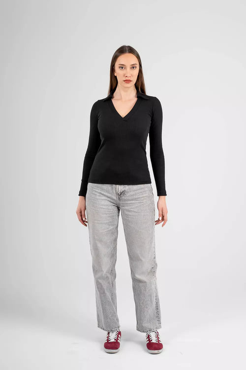 Black V-Neck Ribbed Top