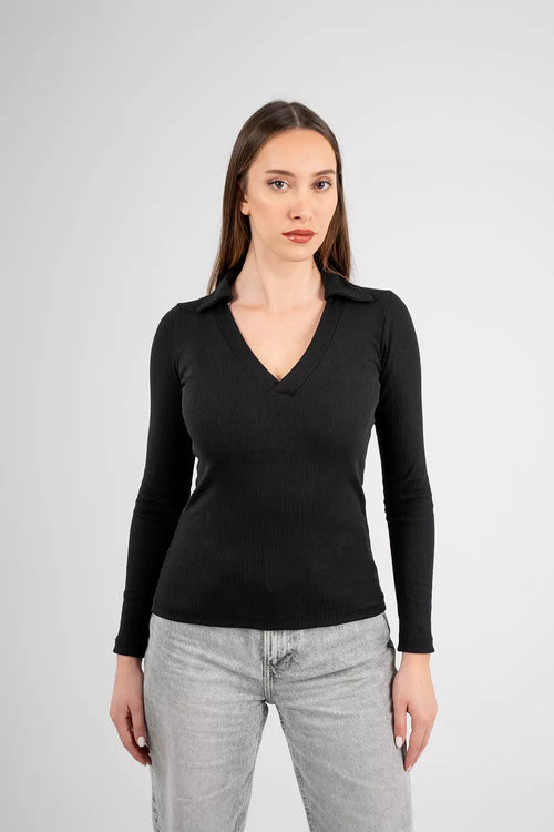 Black V-Neck Ribbed Top