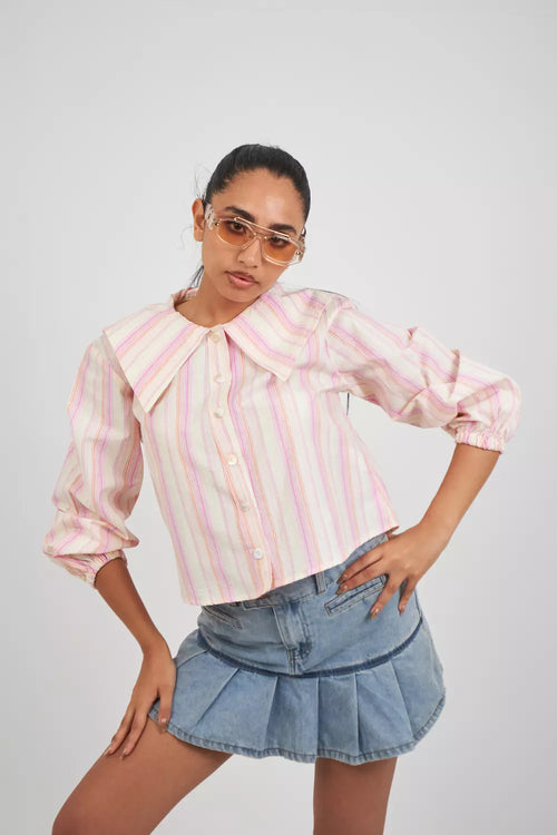 Blue-Vanilla Pan Collar Shirt